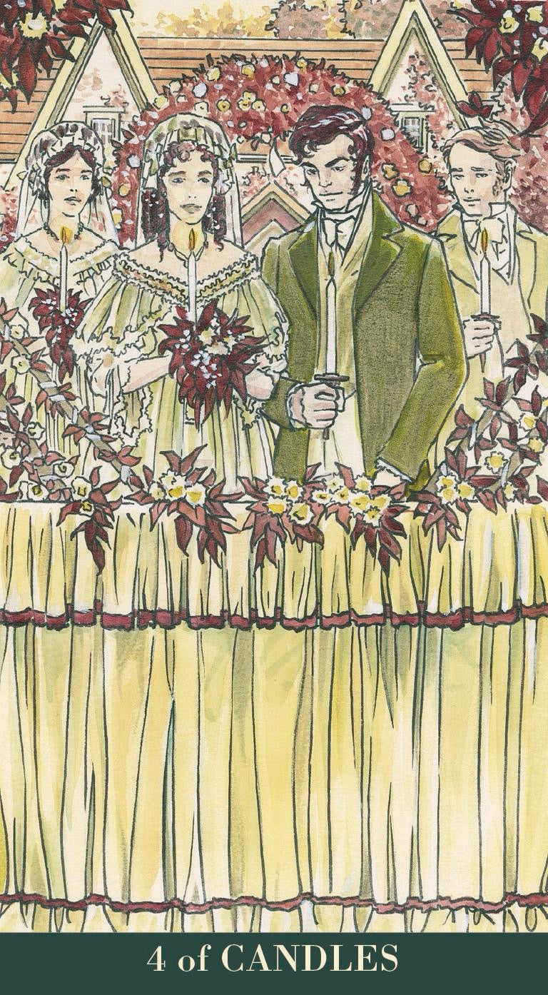 Illustration of a wedding scene with people in formal attire, including a couple and bridesmaids, with text '4 of Candles' at the bottom.