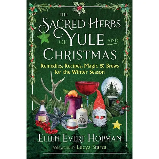 Book cover of 'The Sacred Herbs of Yule and Christmas' with festive elements and text.