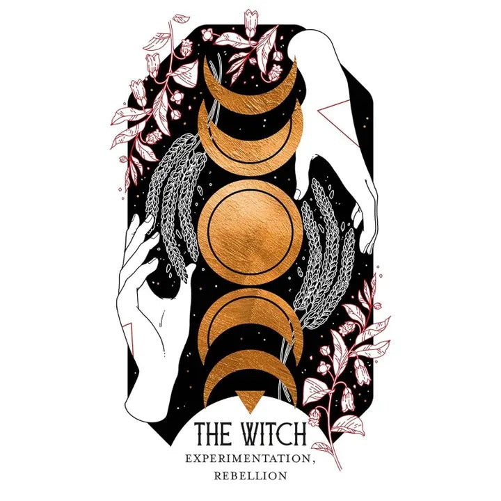 Artistic design of a person with moon phases and nature elements, labeled 'The Witch'.