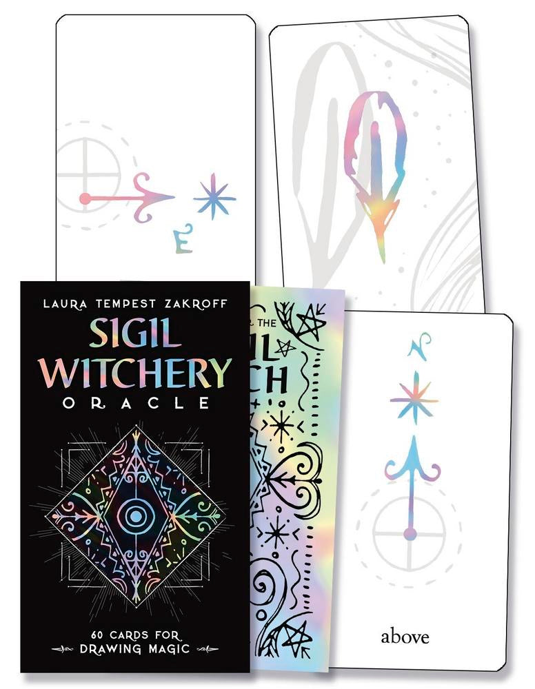 Sigil Witchery Oracle cards with a black card featuring the author's name and book title.