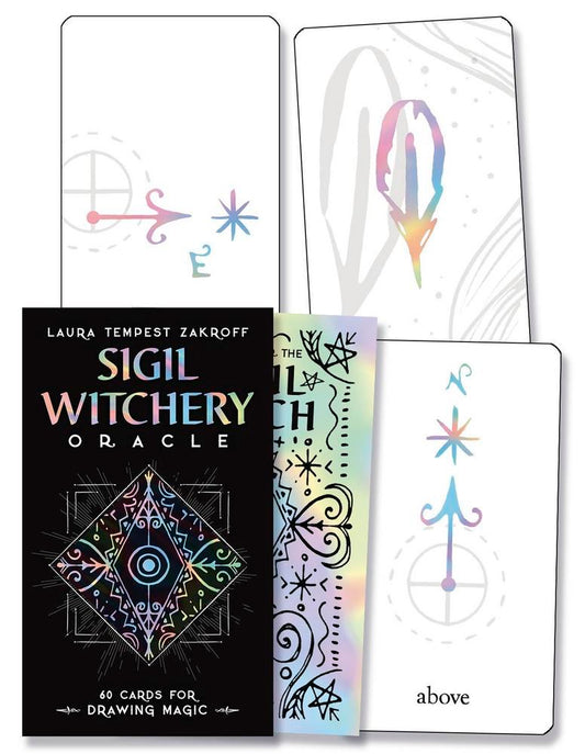 Sigil Witchery Oracle cards with a black card featuring the author's name and book title.