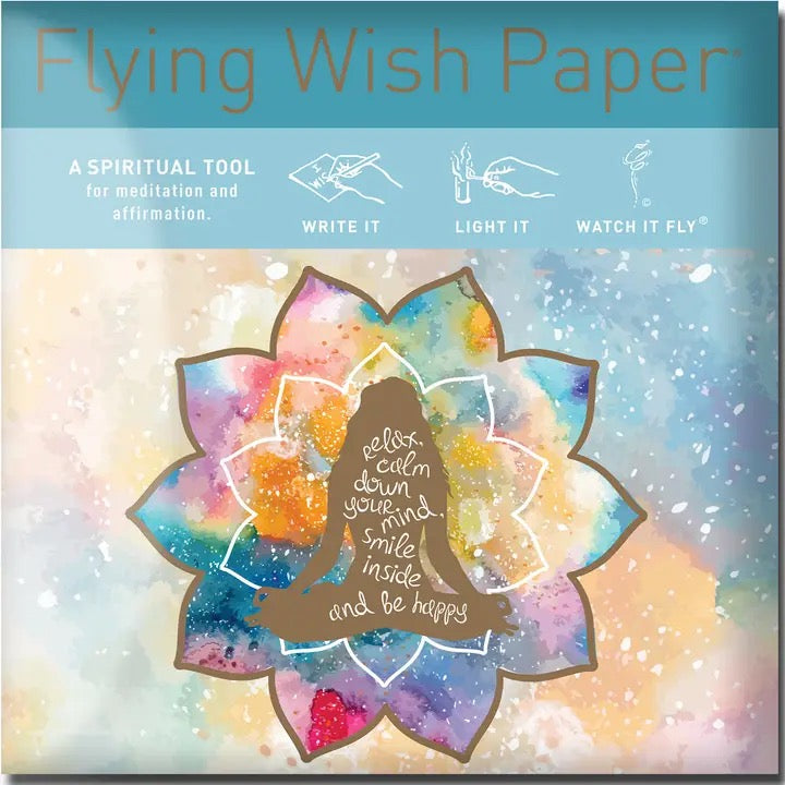 Flying Wish Paper packaging with colorful design and text on a blue background