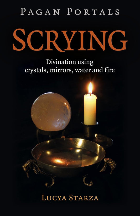 Book cover of 'Pagan Portals: Scrying' with a crystal ball, candle, and bowl on a black background.