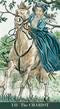 Illustration of a person on horseback with a blue dress and hat, set against a natural landscape.