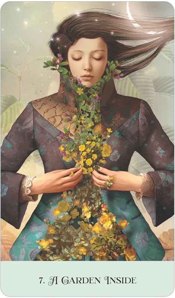 Card with a stylized illustration of a woman with flowers in her hair and clothing, labeled '7. A Garden Inside'.