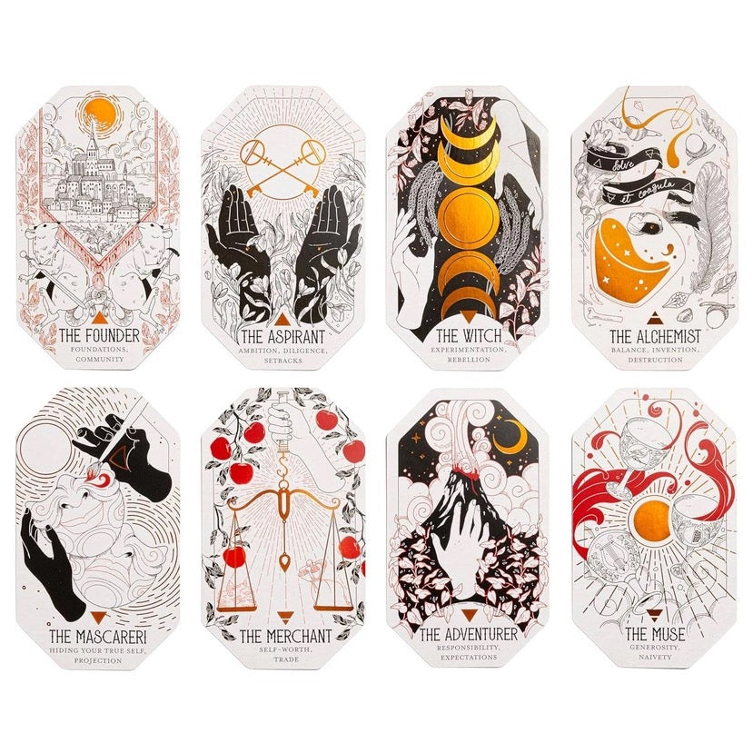Set of tarot cards with various card illustrations and titles on a white background