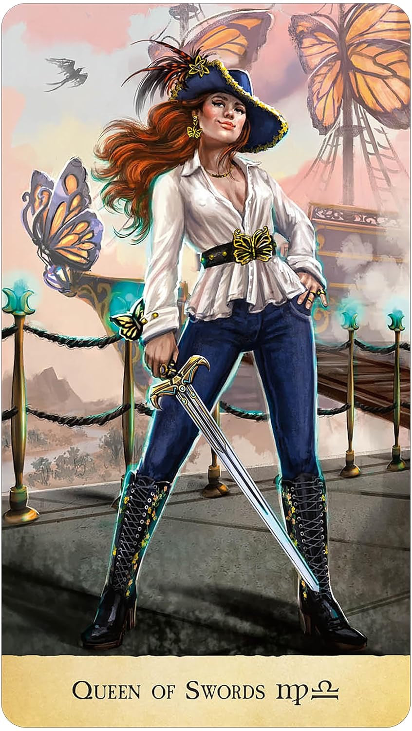 Card featuring a woman with a sword, surrounded by butterflies, on a scenic background.