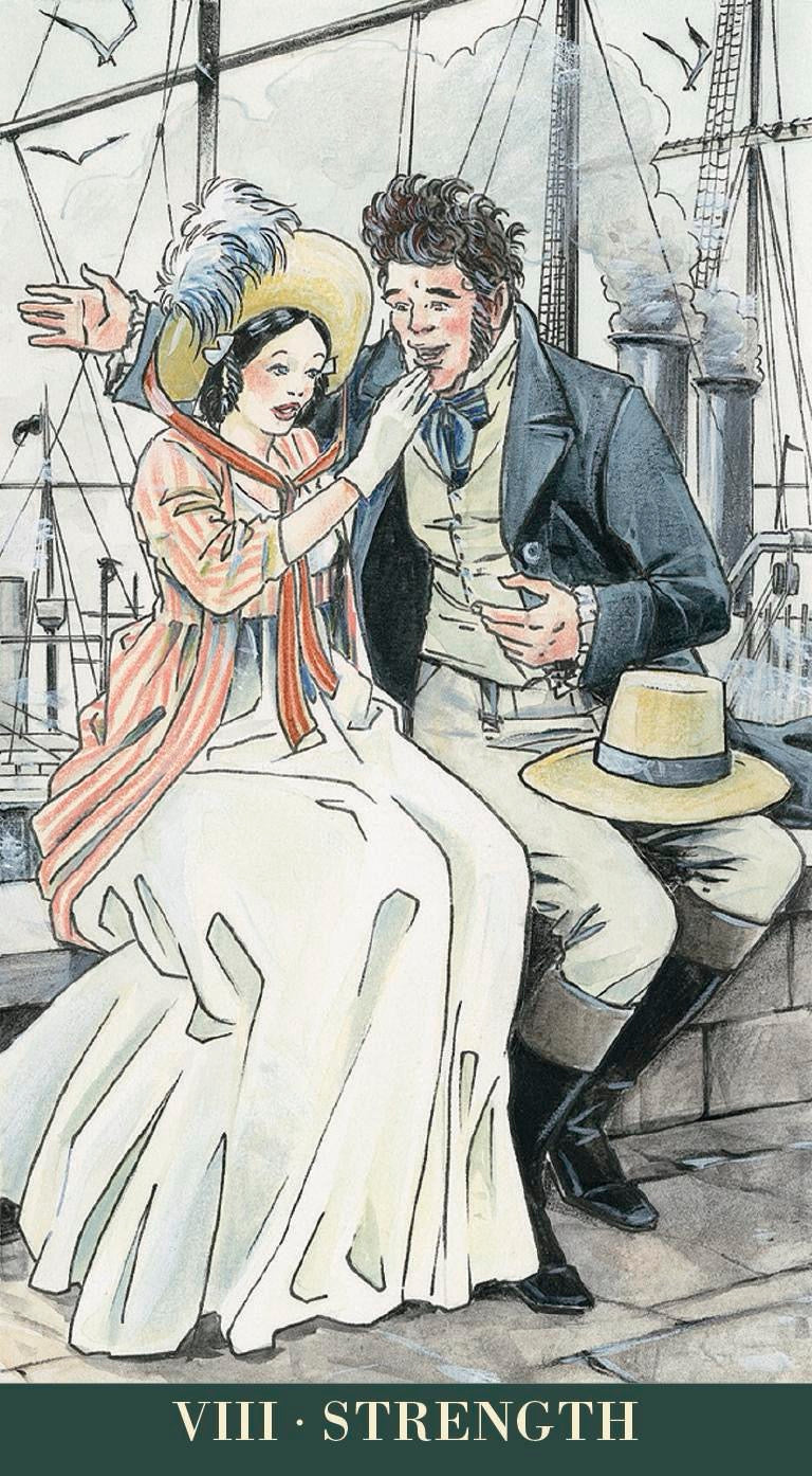 Illustration of a couple embracing with a ship in the background, labeled 'Strength'.