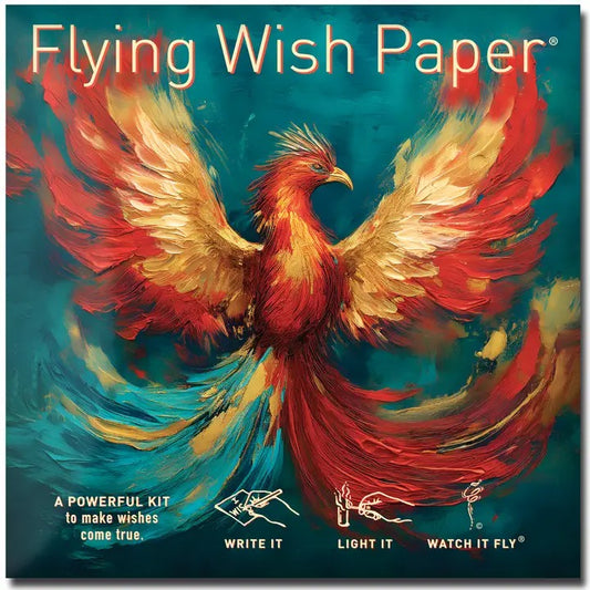 Flying Wish Paper packaging with a colorful phoenix design on a blue background