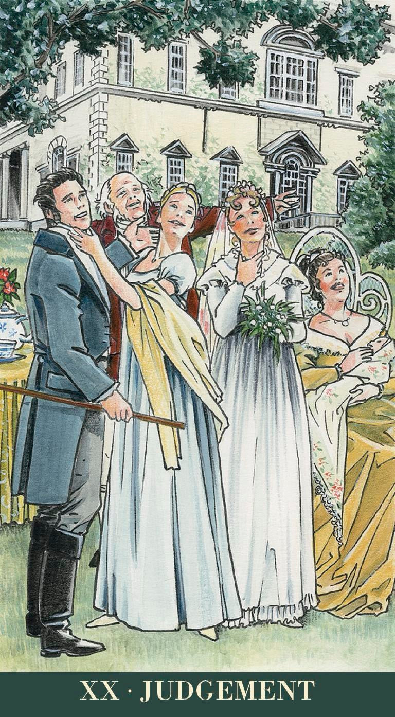 Illustration of a group of people in formal attire in front of a building, with 'XX Judgement' text at the bottom.