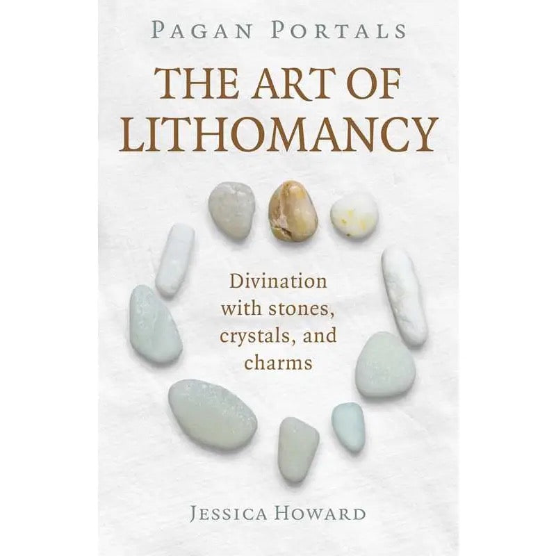 Book cover of 'Pagan Portals: The Art of Lithomancy' with stones arranged in a circle on a white background.