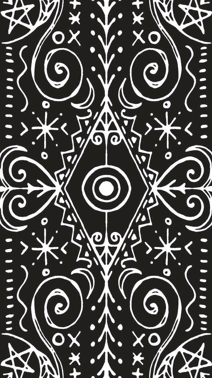 Black and white geometric pattern with star shapes and abstract shapes on a black background