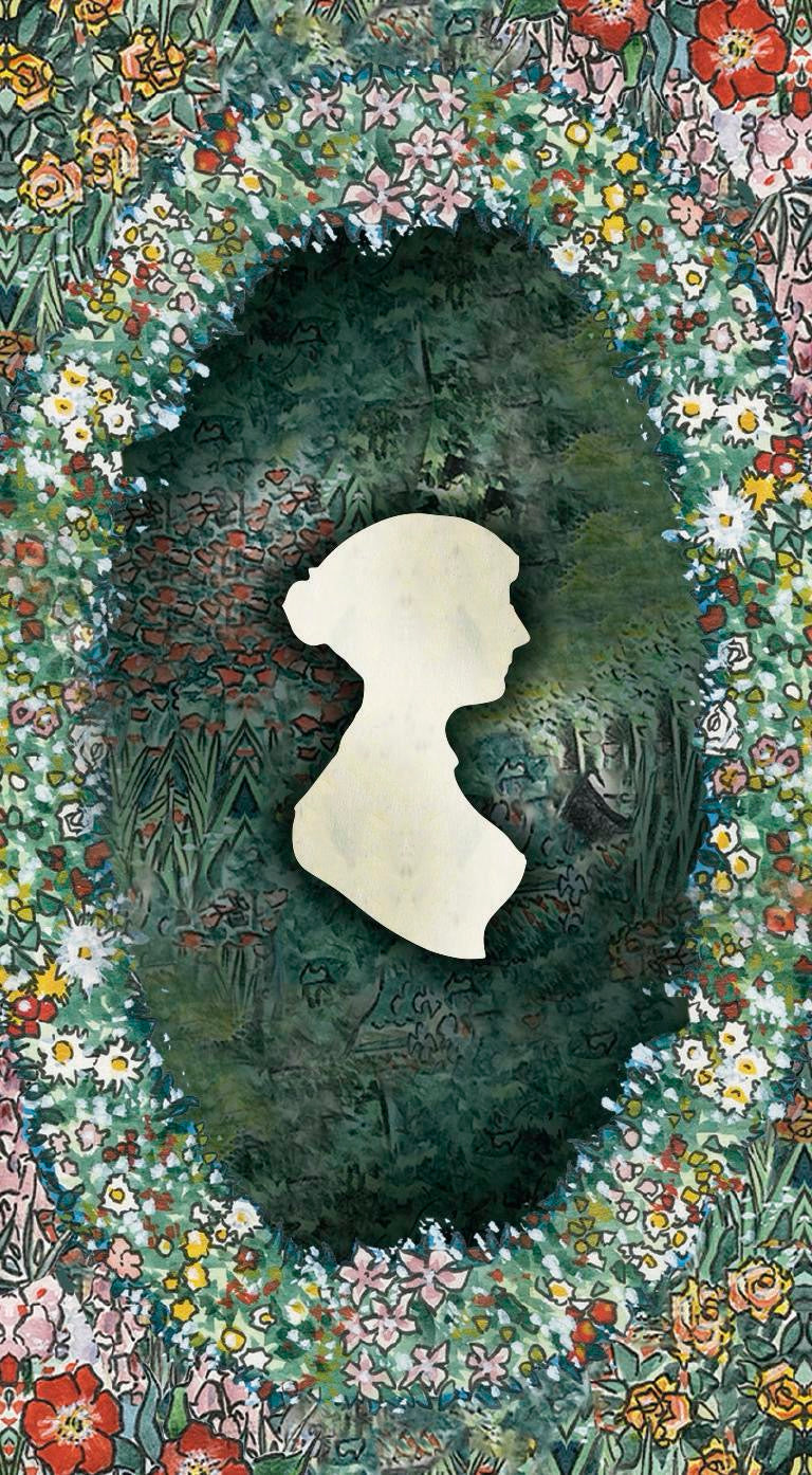 Silhouette of a woman's head framed by a floral border