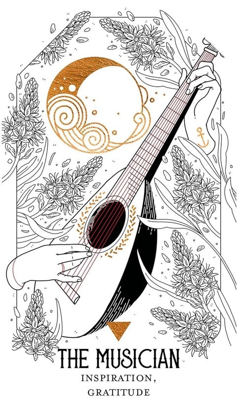 Illustration of a mandolin held by a hand with floral and celestial elements, titled 'The Musician'.