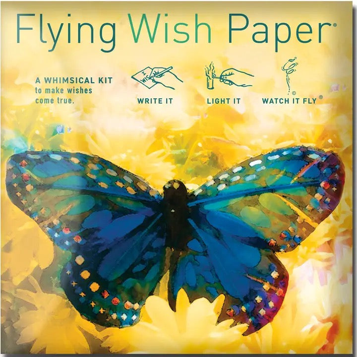 Box of 'Flying Wish Paper' with a blue butterfly design on a yellow background