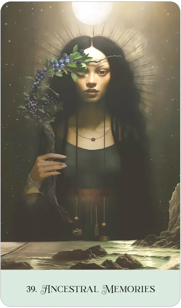 Tarot card featuring a woman with a flower crown and a balance scale, labeled 'Ancestral Memories'.
