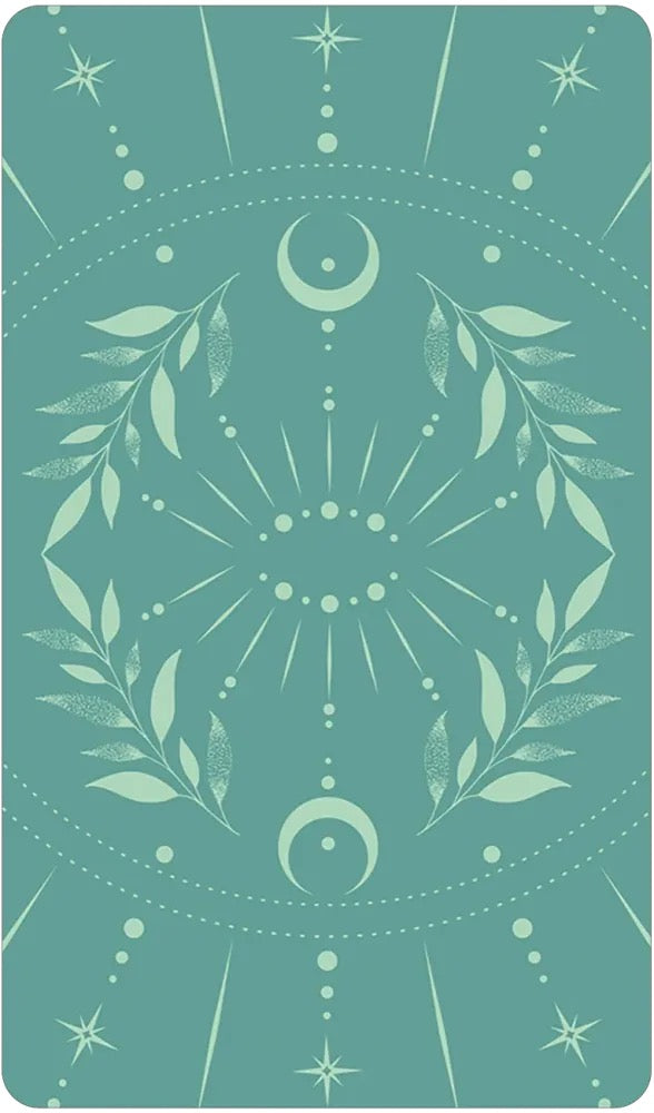 Back of Card Teal card with moon symbols and leaf patterns on a teal background