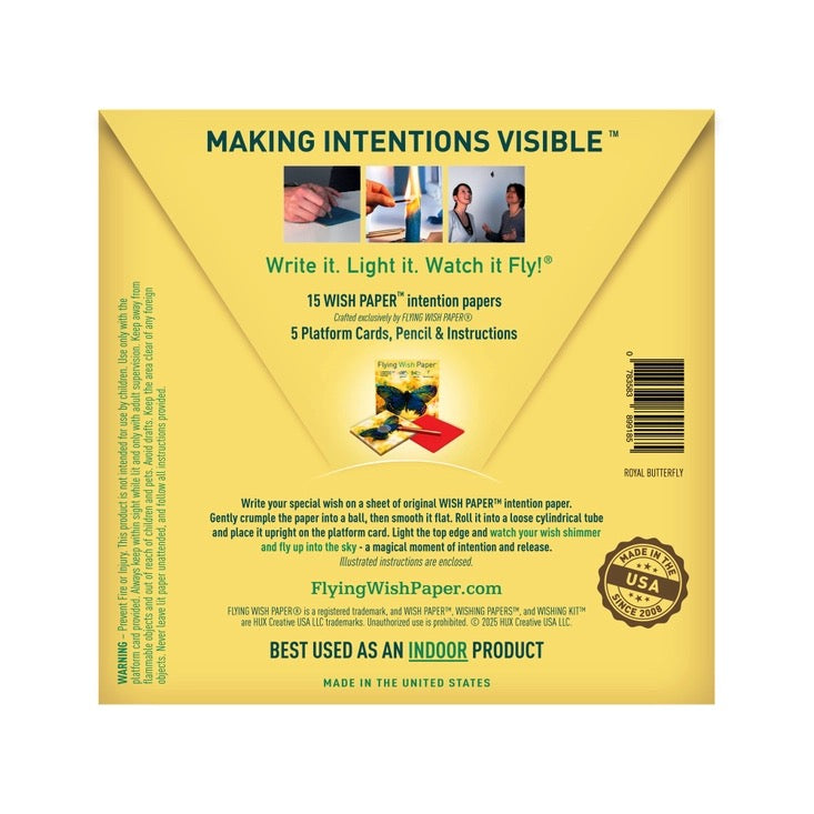 Yellow packaging of Flying Wish Paper with text and images on a white background