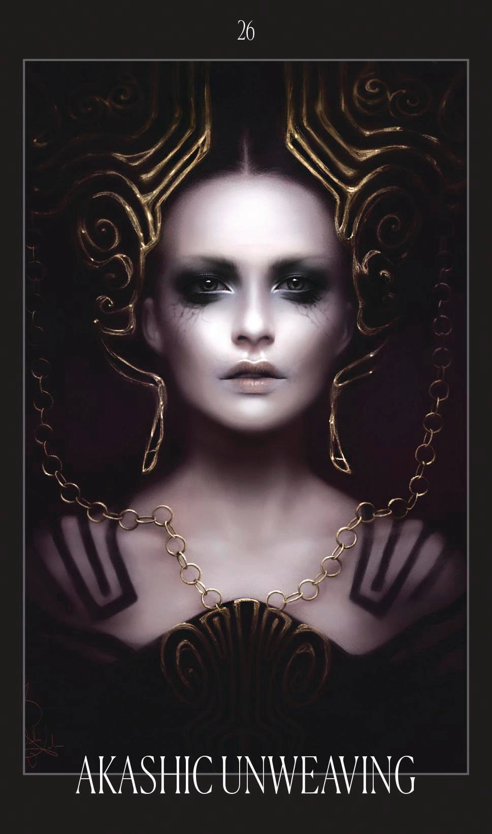 Artistic depiction of a woman with intricate gold designs and 'Akashic Unweaving' text.