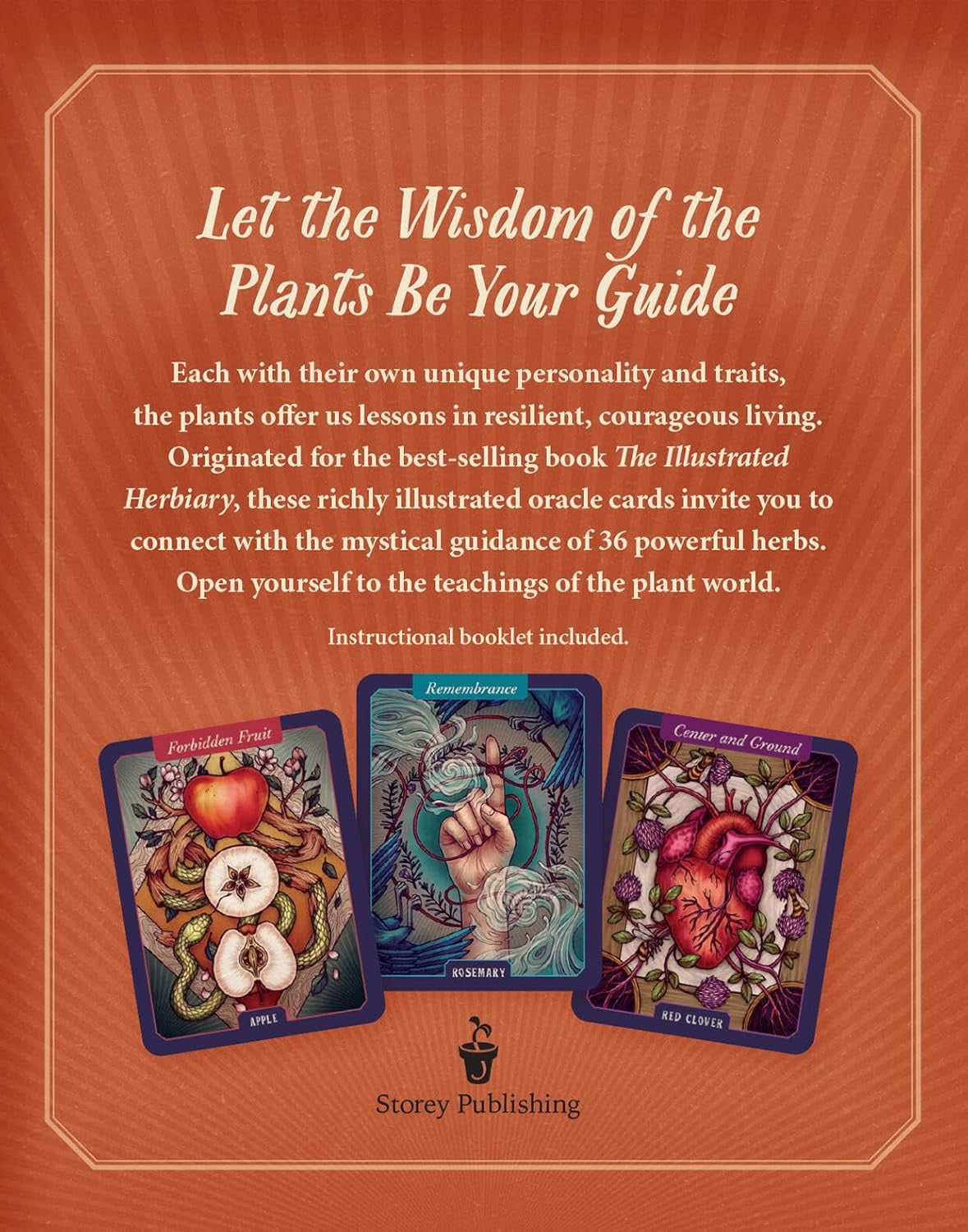 Book cover of 'Let the Wisdom of the Plants Be Your Guide' with three illustrated cards on an orange background.