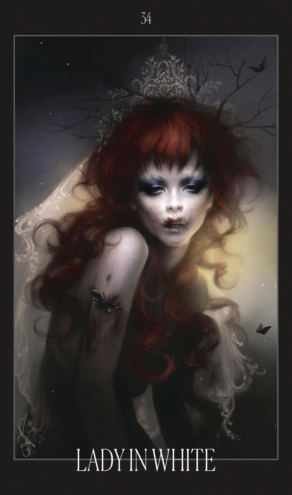Artistic depiction of a 'Lady in White' with red hair and a dark background.