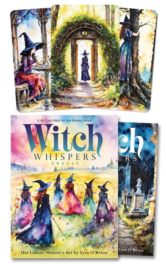 Witch Whispers Oracle cards with artistic illustrations of witches and a garden scene.