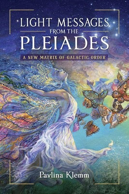 Book cover of 'Light Messages from the Pleiades' with a woman and butterflies against a starry sky.