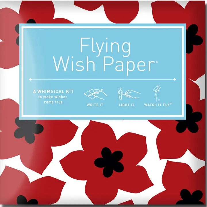 Flying Wish Paper packaging with red floral design and blue label
