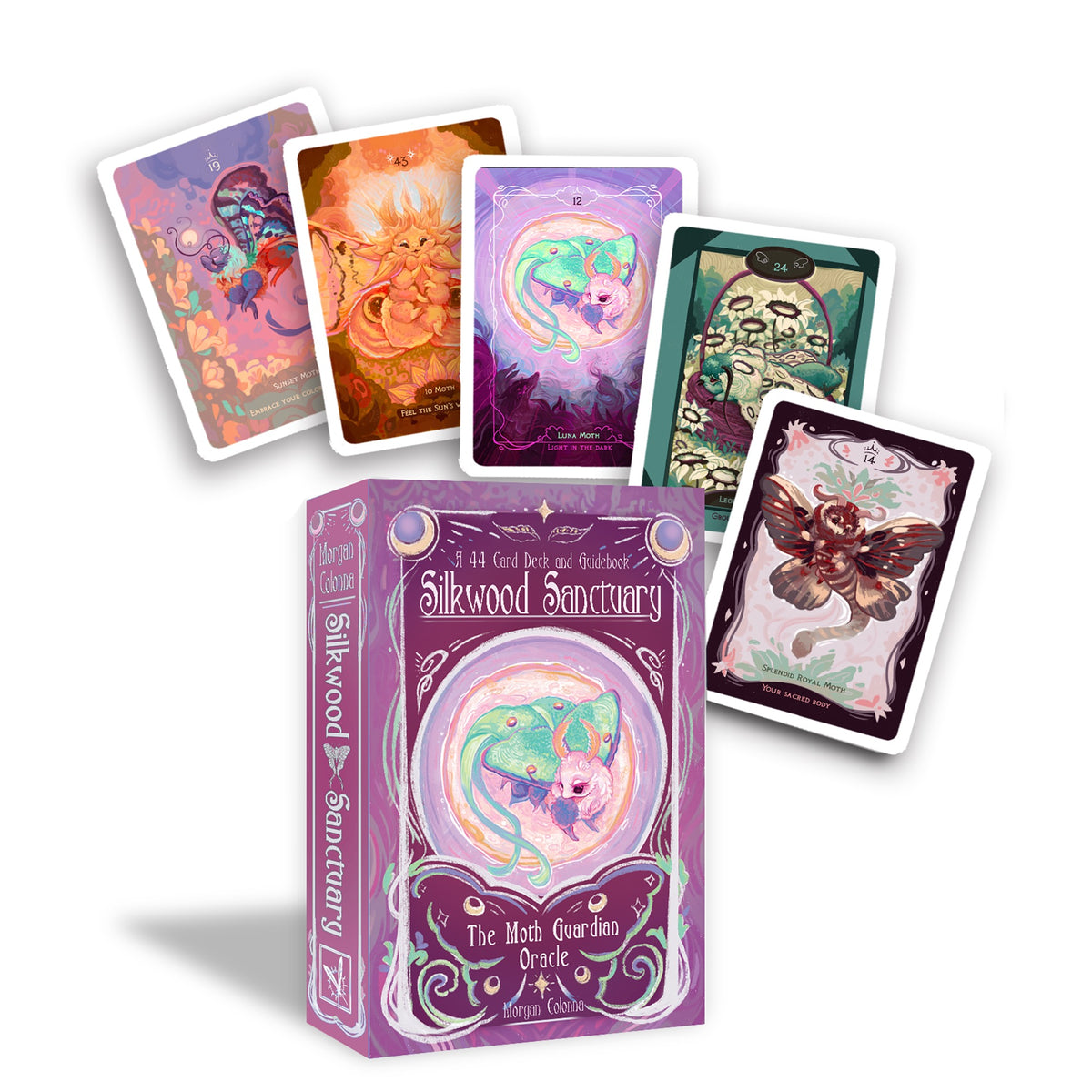 The Silkwood Sanctuary: A Moth Guardian Oracle (44 Full-Color Cards and 112-Page Guidebook) Purple cover with cards arrayed above.
