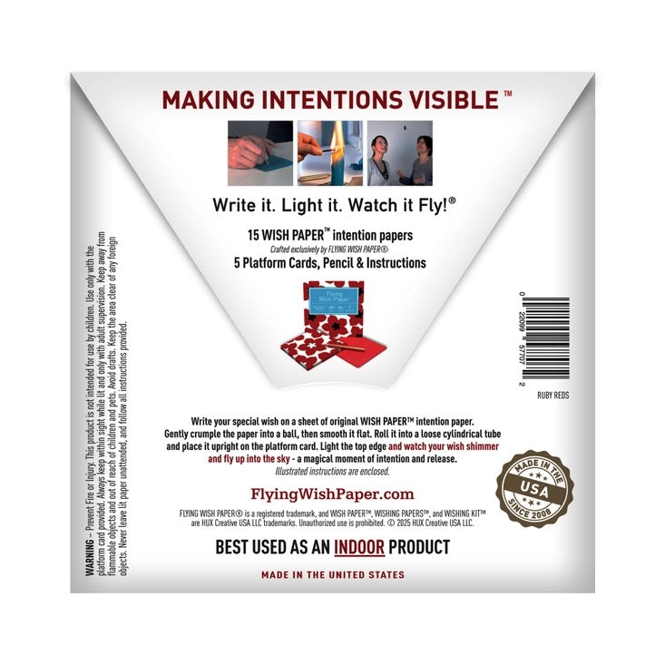 Back of a product packaging for 'Flying Wish Paper' with text and images.