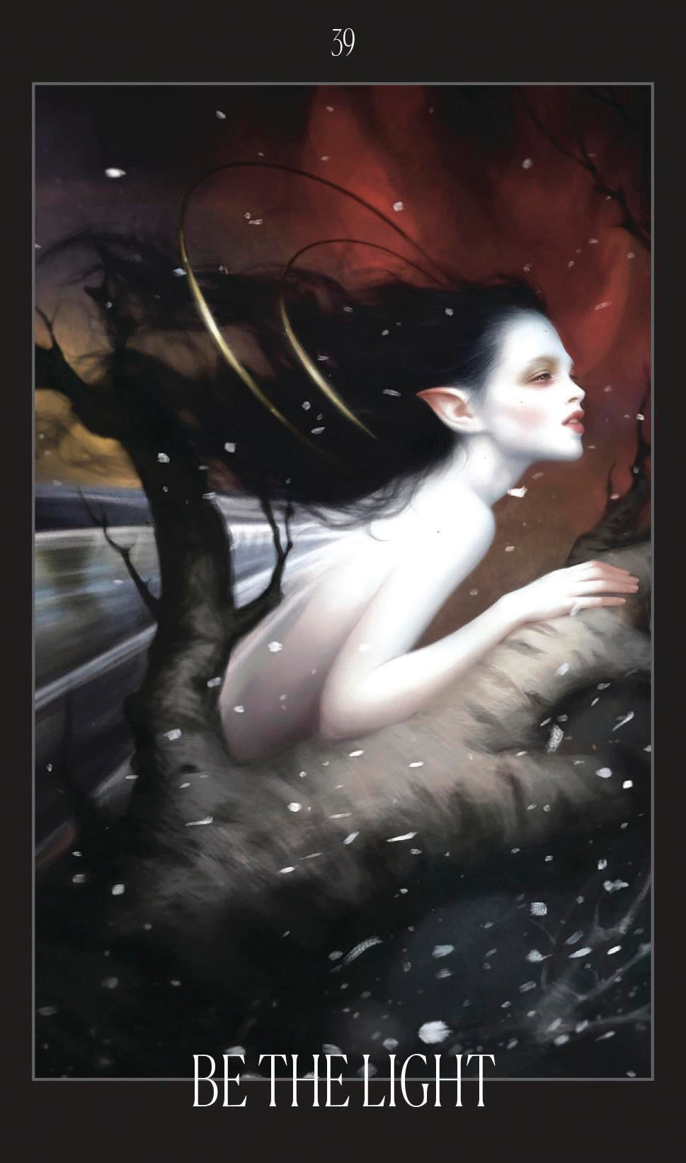 Artistic depiction of a person with elven-like features in a snowy landscape with the text 'Be the Light'.