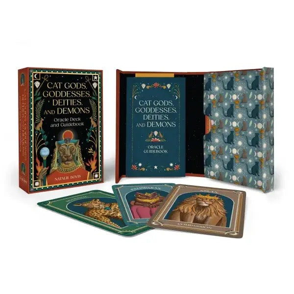 The Cat Gods Oracle Deck and Guidebook set by Nature Banks, featuring the illustrated outer box, the open inner book with patterned cover, and several example cards displaying different animal-themed illustrations on a clean white background.
