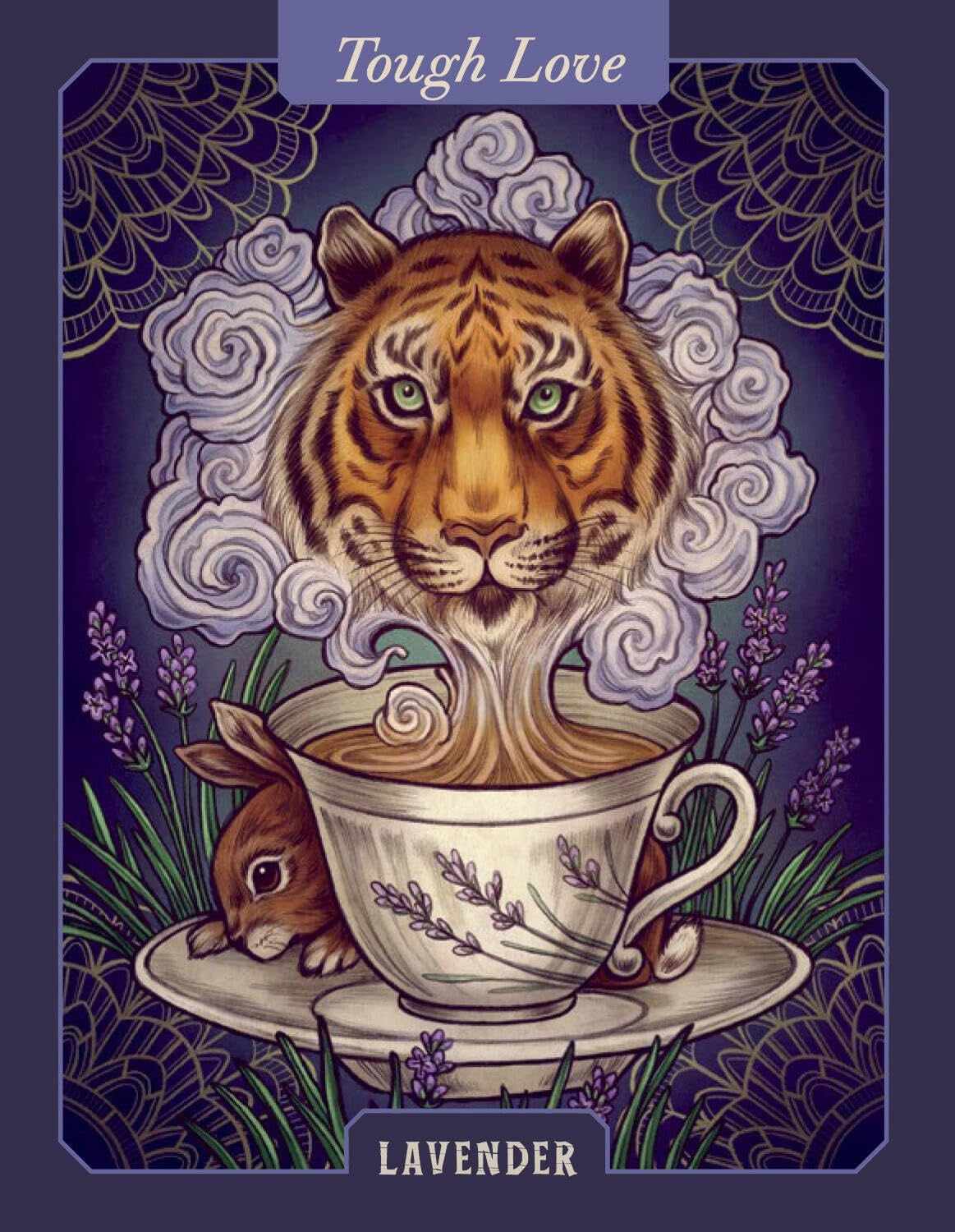 Card with a tiger and rabbit design, featuring the text 'Tough Love' and 'Lavender'.
