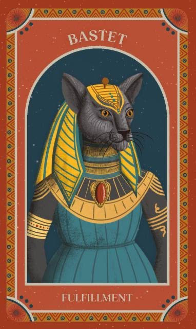 A stylized illustrated card or poster featuring a cat dressed in ancient Egyptian royal attire, with the word 'BASTET' at the top and 'FULFILLMENT' at the bottom, on a decorative orange border.
