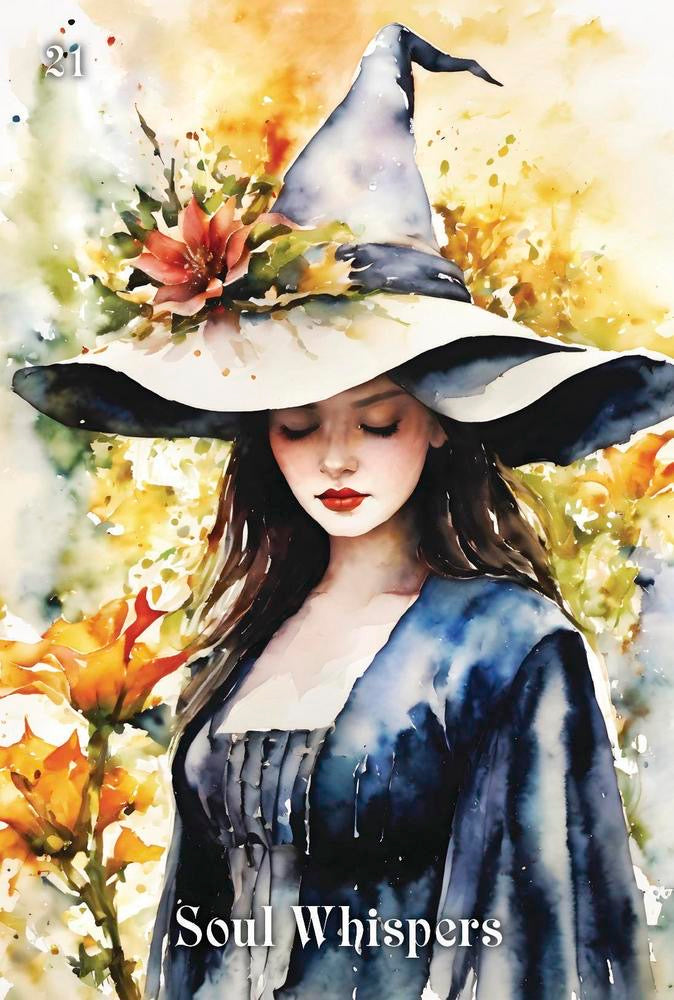 Artistic depiction of a woman in a witch hat with 'Soul Whispers' text