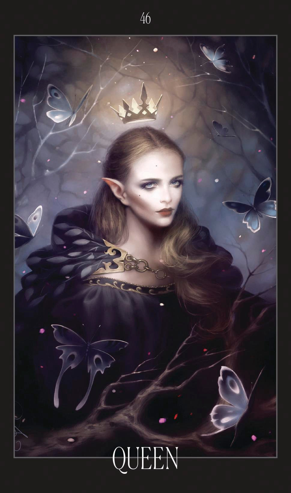 Illustration of a queen with a crown surrounded by butterflies in a dark, mystical setting.