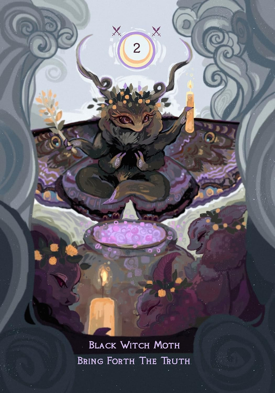 A stylized illustrated card or print featuring a black witch moth seated on a purple cushion with candles, a cauldron of purple powder, and the text 'Black Witch Moth' and 'Bring Forth The Truth' at the bottom.