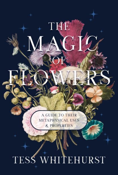 Magic of Flowers book cover blue with a bunch of flowers 