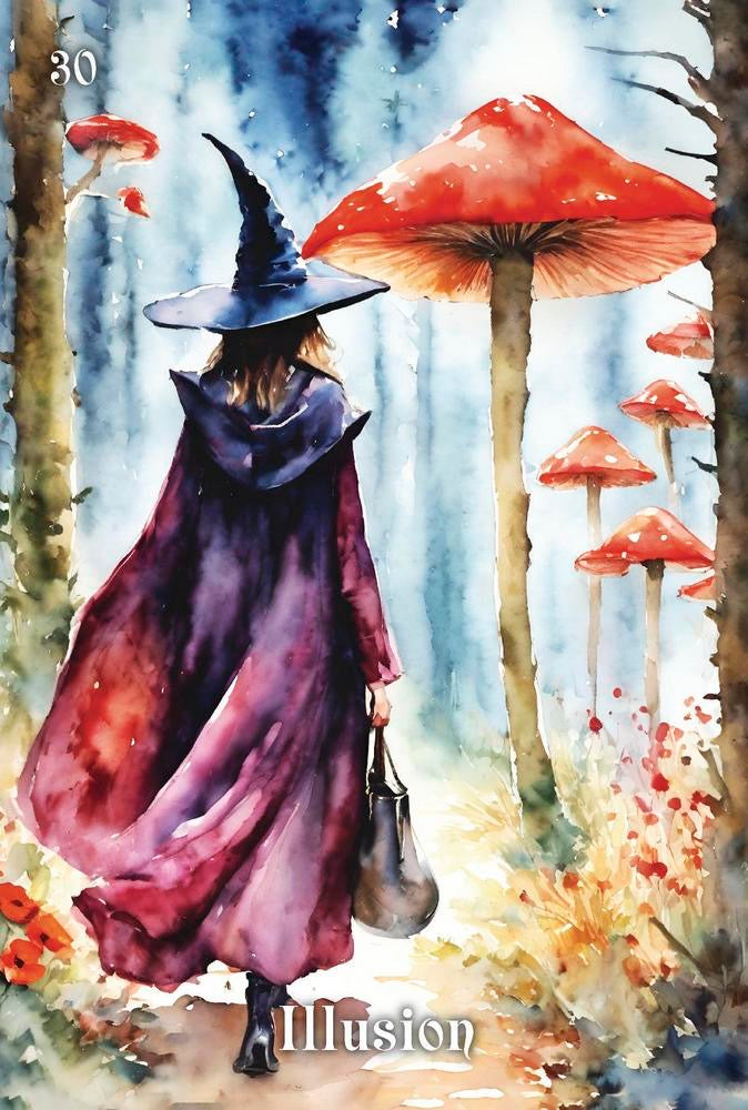 Watercolor painting of a witch in a forest with red mushrooms