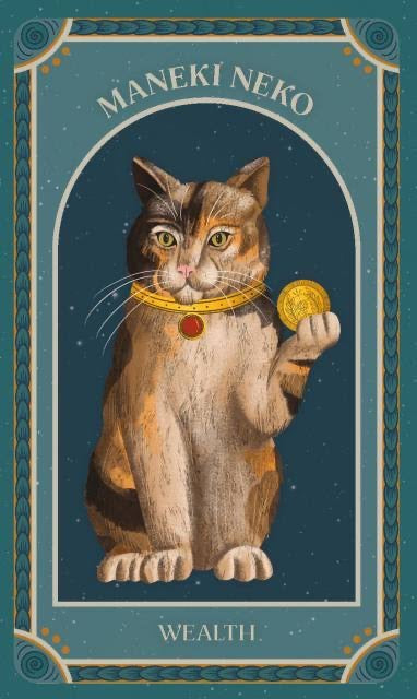 A stylized tarot card illustration featuring a calico cat wearing a gold collar and holding a gold coin, with the text 'MANeki Neko' at the top and 'WEALTH' at the bottom on a teal decorative background.