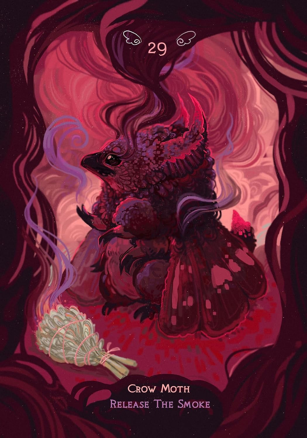 A stylized illustrated card or print featuring a dark crow-like bird surrounded by swirling pink, red, and purple smoke, with a bundle of sage in the lower left. The text reads '29', 'Crow Moth', and 'Release the Smoke'.