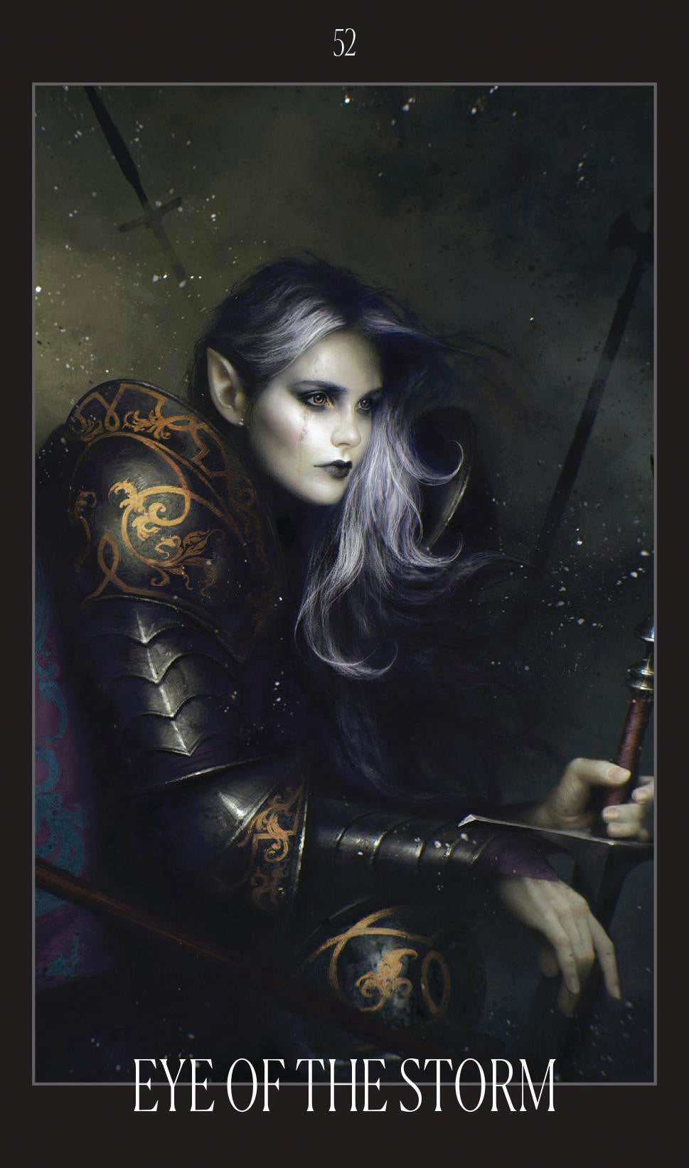 Character in dark armor with a mystical aura, holding a staff, against a starry night sky.