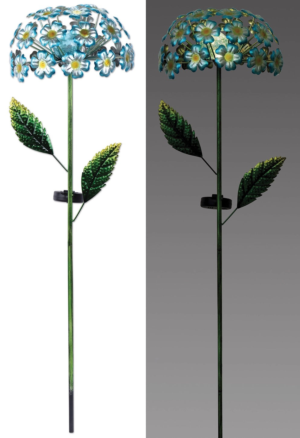 Stake Hydrangea Blue Solar lit and unlit