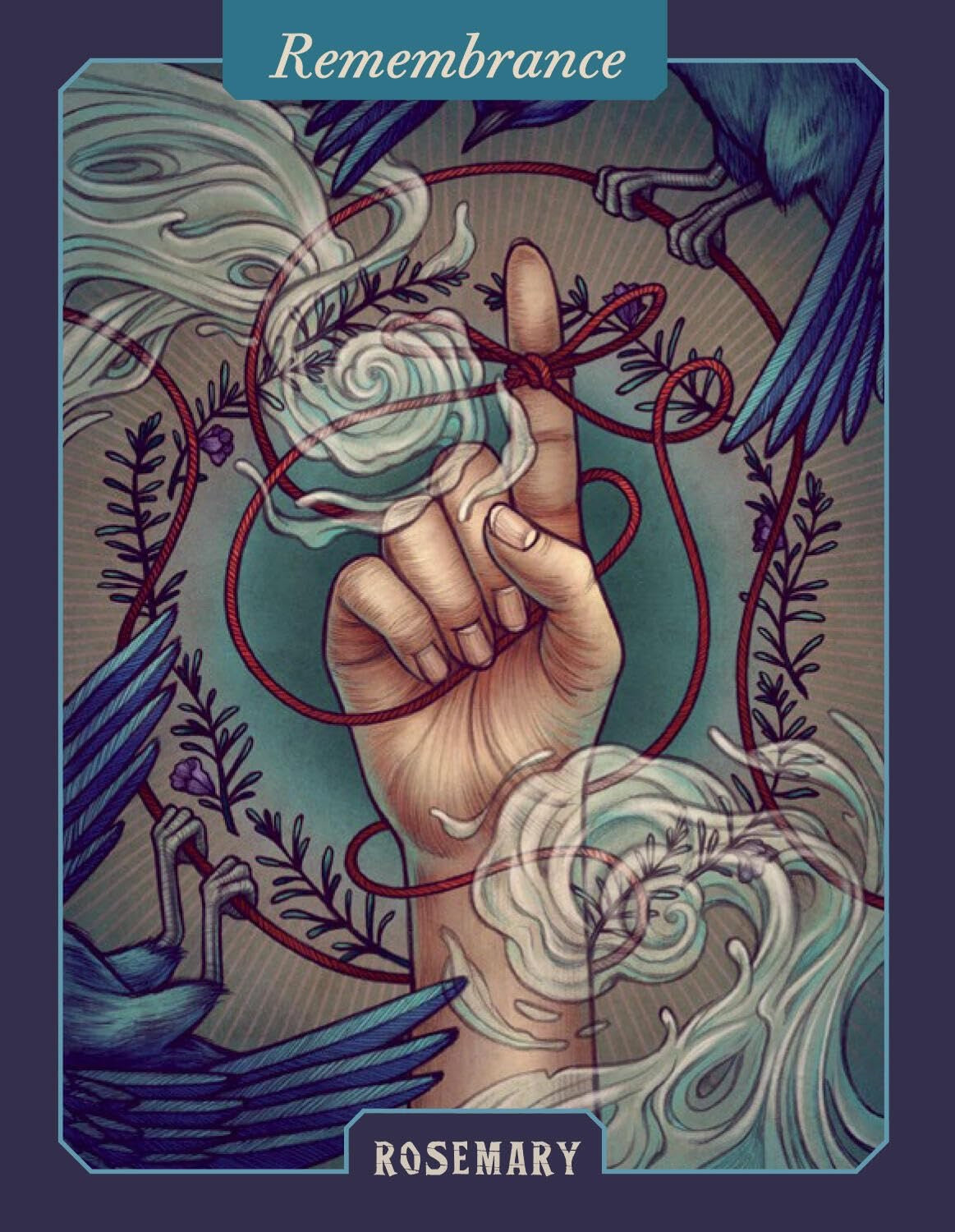Artistic design with a hand holding a ring, surrounded by nature elements and text 'Remembrance' at the top.