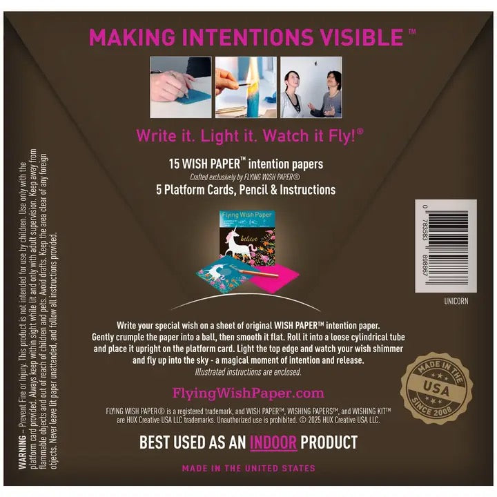 Back of a product packaging for 'Flying Wish Paper' with text and images on a brown background.