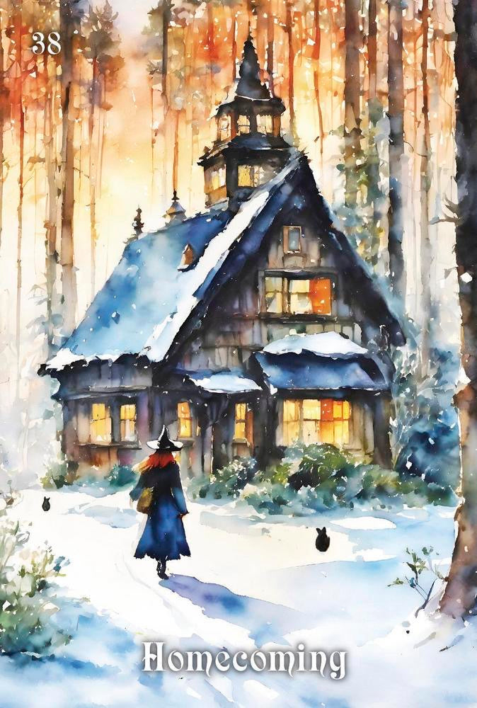 Winter scene with a snowy cabin and person walking towards it, titled 'Homecoming'.