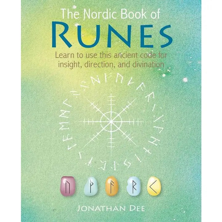 Book cover of 'The Nordic Book of Runes' with rune symbols and stones on a gradient background