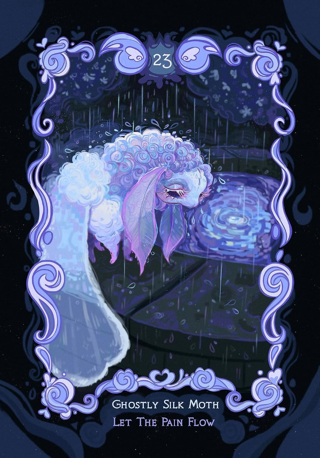 A stylized illustrated tarot card or art print featuring a ghostly silk moth in a rainy dark scene, framed by an ornate purple border. The text at the bottom reads 'GHOSTILY SILK MOTH' and 'LET THE PAIN FLOW.
