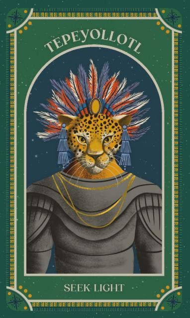 A stylized tarot card titled 'TEPEYOLLOTL' with the phrase 'SEEK LIGHT' at the bottom. The card features an illustrated leopard wearing a feathered headdress and armor against a dark blue night sky, framed by a green decorative border.