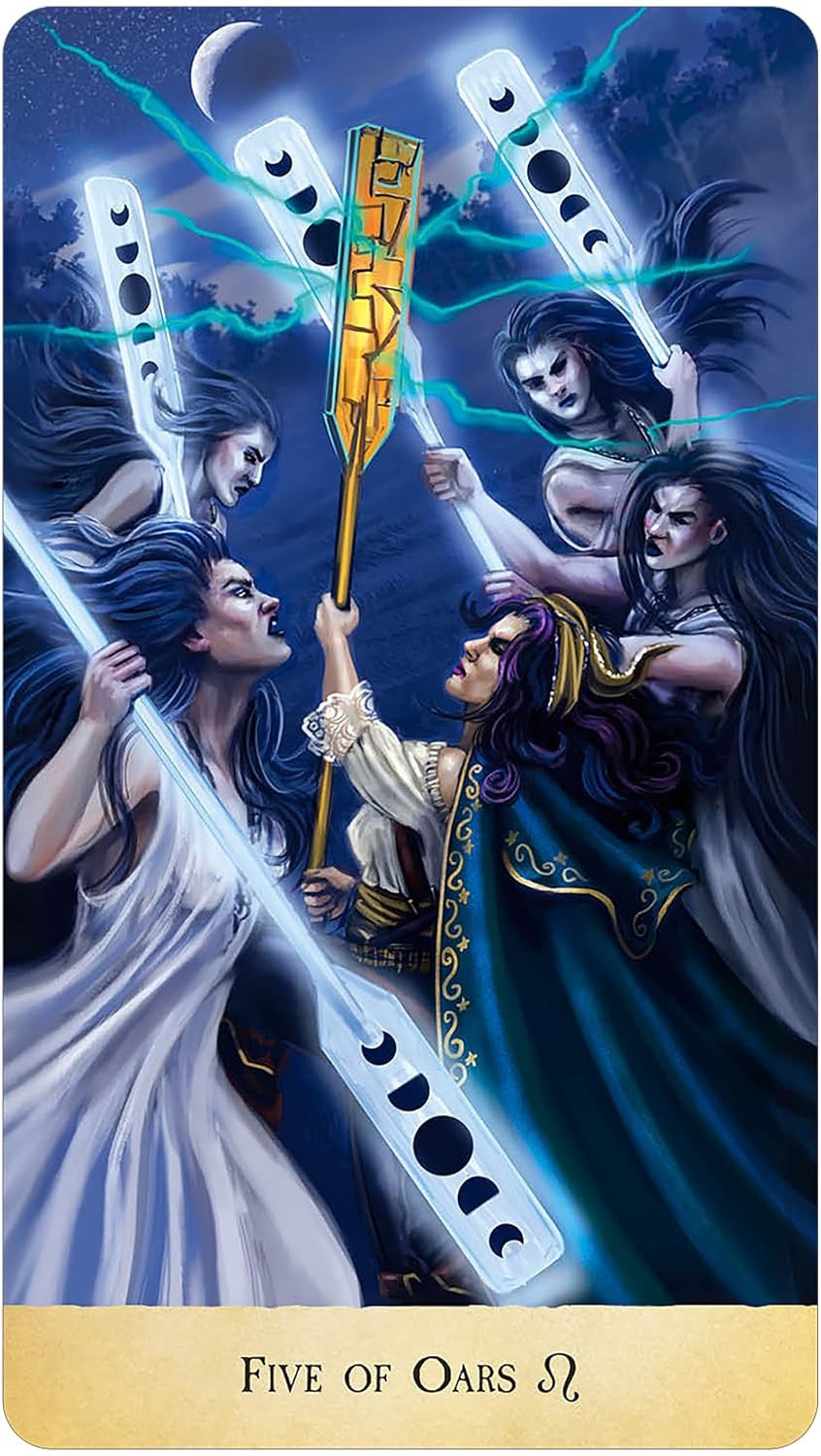 A tarot card illustration titled 'Five of Oars ♓' showing five dark-haired women in flowing white and deep blue garments, each holding a long white oar with moon phases printed on it, against a blue night sky with lightning and a crescent moon.